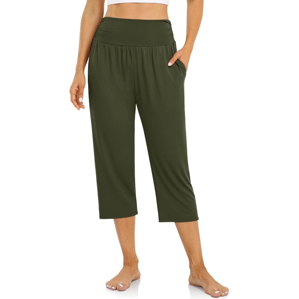 UEU Women's High Waisted Capri Yoga Pants Wide Leg Loose Soft w/ Pockets Green M